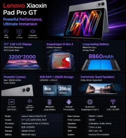 Lenovo Xiaoxin Pad Pro GT 11.1" Tablet Snapdragon 8 Gen 3 144Hz 3200x2000 8860mAh 68W Dolby Vision Gorilla Glass UFS 4.0 CN ROM