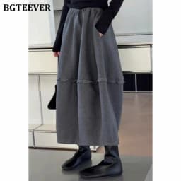 BGTEEVER Chic Stylish Warm Loose A-line Skirts for Women Autumn Winter Elegant High Waist Pockets Ladies Mid-Length Skirts