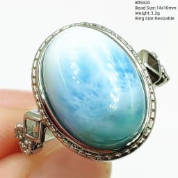 Natural Blue Larimar Adjustable Ring 925 Sterling Silver Larimar Gemstone Women Men Water Pattern AAAAA