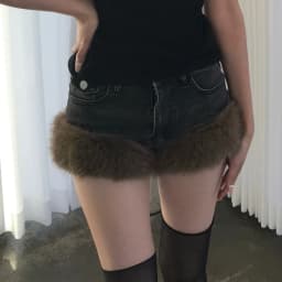 2026 New Retro Fluffy Splicing Denim Shorts Spice Girl Warm Fashion Low Waist Hip Hot Pants Women