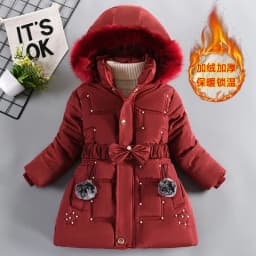 2024 New Winter Keep Warm Girls Jacket Waist Belt Design Detachable Hat Lining Plush Hooded Heavy Coat For Kids