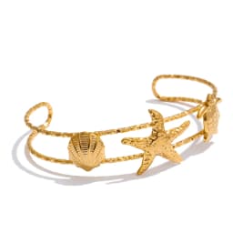Yhpup Ocean Series Golden PVD Starfish Shell Sun Cuff Bracelet Open Wrist Jewelry Stainless Steel Bangle for Summer Holiday