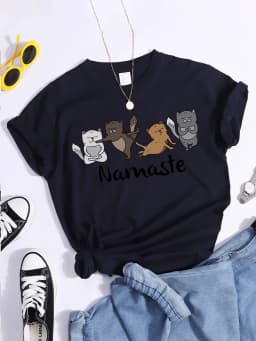 Happy Kitten Dancing Happily Printing T-shirts For Women Vintage Tshirts Oversize o-neck Top Fashion Soft Woman's Tshirts