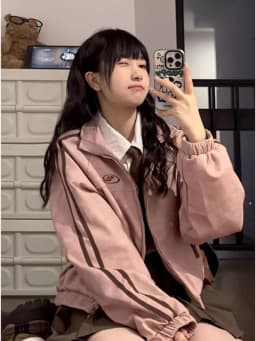 Short Suede Jacket Double Zipper Loose American Retro Jacket for High School Students Pink Autumn Winter Girls Outerwear