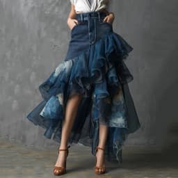 Women's Denim Tie-dye Ruffle Maxi Skirt High Waisted Asymmetrical Sheer Tulle Layered Skirt For Female Fashion Outfits Skirts