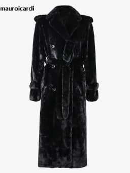 Nerazzurri Winter Long Black Thick Warm Fluffy Faux Fur Coat Women with Detachable Fake Fur Vest Double Breasted Overcoat 2024