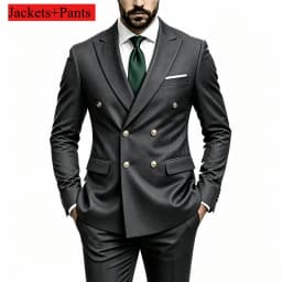 Men's Peak Lapel Double Breasted Golden Button Flap Pocket Business Commute Suit Men Trending Luxury Formal Slim Fit Groom Suit