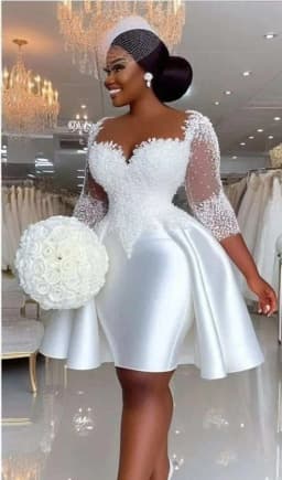 Customized Plus Size Wedding Desses South Arican Satin Lace Beaded 3/4 Long sleeve Nude Sheer Neck Short Bride Gown Bridal Dress
