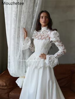 Mouzhetee A-Line Elegant O-Neck Lace Pleat Wedding Dresses Simple Long Sleeve Brides Gown Custom Made 2026