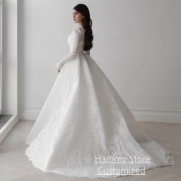 Gorgeous Lace Wedding Dress for Bride Customized Square Neck Long Sleeves Sweep Train Arabic Bridal Gown Vestido De Noiva