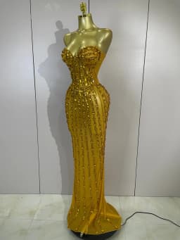 Elegance Golden Strapless Mesh See Through Long Dress Sparkly Diamonds Evening Party Birthday Sexy Nightclub Singer Stage Wear