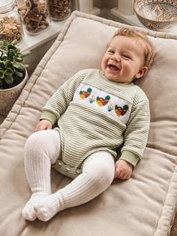 Duck Embroidery Boy Fall Romper Striped Sleeve-Striped Baby-Boy-Fall Romper Embroidery-Long-Sleeve Romper Adorable Duck