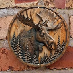 2D Rustic Wreath Circular Wall Decor 1pc - Moose & Pine Trees Wood Carving Design, Waterproof Aluminum Sign for Outdoor Use