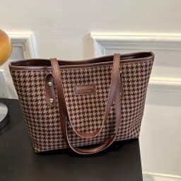Casual Houndstooth Print Tote Bag, Large Capacity Shoulder Purse with Brown Leather Straps, Versatile for Everyday Work Outings
