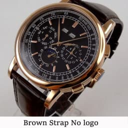 Corgeut 42mm Automatic Men's Watch Date Day Month Year Salmon Dial Multifunction 316L Leather Strap Polished Case Day Night