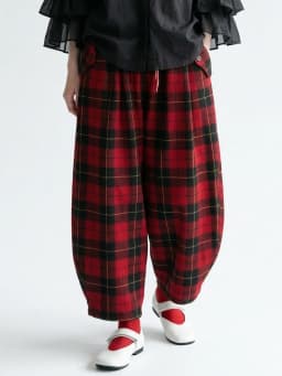Red - Black Plaid Drawstring Lantern Pants, Retro Hong Kong Style, Daily Outfit, Casual & Free Vibe 255338