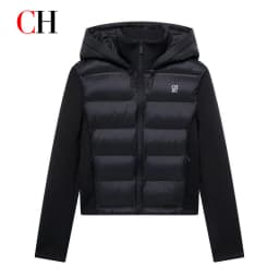 CH Women Hooded Zip Up Jacket Mixed Fabric Drawstring Hood Chest Embroidery Casual Ladies Outerwear Coats