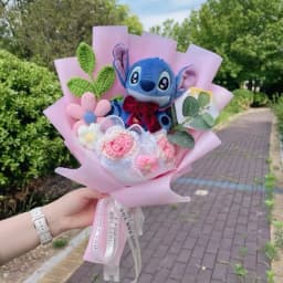 Genuine Stitch Plush Dolls Small Pendant With Artificial Flowers Handmade Bouquets Gifts For Valentine Graduation Christmas
