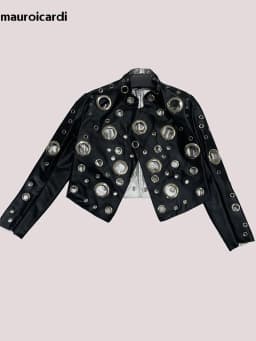 Mauroicardi Spring Short Hollow Out Patchwork Short Pu Leather Jacket Women Cool Luxury Designer European Style Clothes Fashion