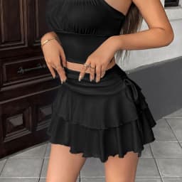 2026 New Women's Summer Mini Skirt Solid Color Versatile High Waist Slim Fit Short Skirts Lace-Up Ruffles A-Line Pleated Skirts