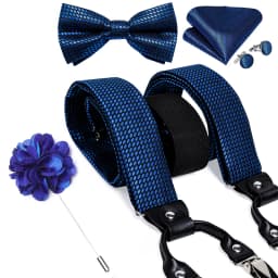 Luxury White Men's Suspenders Adjustable 6 Clips Braces DiBanGu Leather Metal Pre-Tied Bow Tie Brooch Pocket Square Set