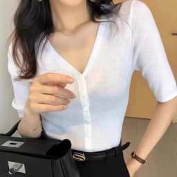 Europe station thin worsted cashmere sweater short sleeve V-neck summer solid color knitted T-shirt women's mid-sleeve top