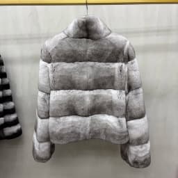 Women Real Rex Rabbit Fur Coat Stand Collar Short Jacket Chinchilla‑Look Pattern Horizontal Stripe Winter Warm Female Coat