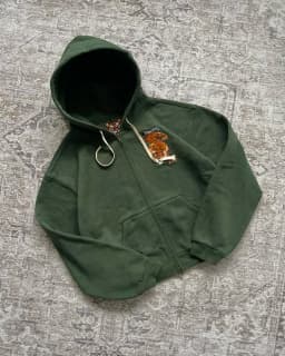 Mens Hip Hop Style Dark Green Tiger Pattern Embroidered Zip Up Hoodie Oversized Long Sleeve Ribbed Cuff Casual Hooded Daily Wear