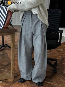 HanOrange 2026 Heavy Weight Winter Retro Herringbone Wool Pressed Double Pleated Trousers Women Wide Legs Pants Gray/Brown