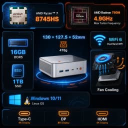 Ninkear M8 Mini PC AMD Ryzen 7 8745HS, Radeon 780M Graphics, 16GB DDR5 1TB SSD, 8K or Triple 4K Display, USB-C, USB 3.2, HDMI, DP 2.0, 2.5G LAN, WiFi 6, Windows 11 Pro