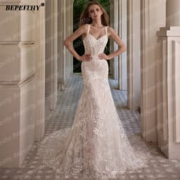 BEPEITHY Customized Luxury Beading Mermaid Wedding Dresses 2025 V Neck Sleeveless Lace Trumpet Ivory Bride Champagne Bridal Gwon