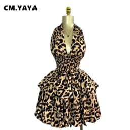 CM.YAYA Women Leopard Print Halter Neck Backless Cascading Ruffles Big Swing Ball Gown Mini Dress 2025 Sexy Club Party Dresses