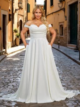 Elegant Off Shoulder Satin Wedding Dresses for Bride with Pockets Corset A Line Bridal Gown with Train