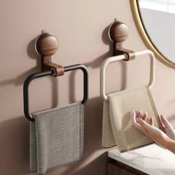 Vintage Walnut Wood Towel Ring with Suction Cup Mount, No-Drill Wall-Mounted Bathroom Towel Holder, Stainless Steel Frame
