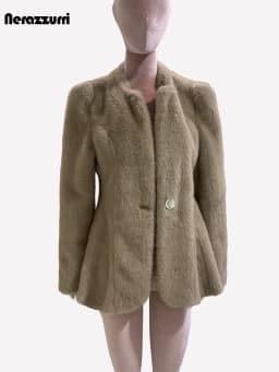 Nerazzurri Autumn Winter Elegant Luxury Chic Short Fitted Faux Fur Blazer Women Single Button Puff Sleeve Fluffy Jacket 2024