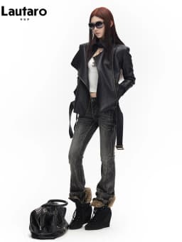 Lautaro Spring Autumn Cool Handsome Soft Black Pu Leather Jacket Women Long Sleeve Double Zippers Luxury Clothes Runway Fashion
