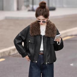 Women's Leather Jacket Fleece-lined Thickened Autumn Winter Coat New Detachable Fur Collar Stylish Warm Leather Outwear Tops