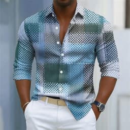 Men's retro plaid print long-sleeved shirt, button-down front for everyday wear, relaxed fit, business casual top.