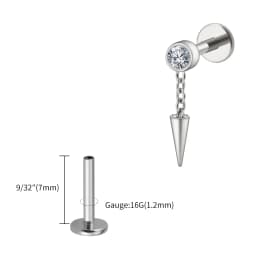 Right Grand ASTM F136 Titanium Bezel CZ Dangle Cone Labret Cartilage Earring Conch Helix Stud Tragus Spike Chain Drop Earring