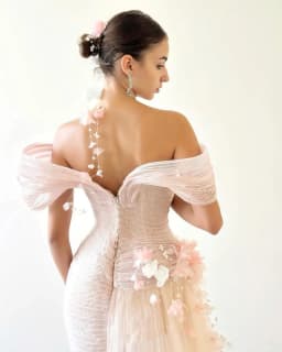 MisShow Customized Pink Off-The-Shoulder Mermaid Wedding Dress Flowers Tulle Sleeveless Wedding Party Dress Evening Dresses