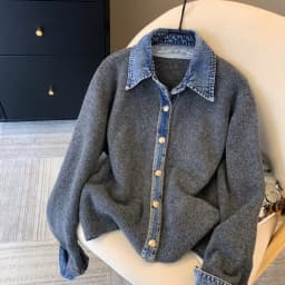 Chic Denim Collar Stitching Fake Two-piece Sweater Women's Cardigan New Single Breasted Knitted Jacket Coat Female Outwear