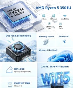 NIPOGI Mini PC AMD Ryzen 3 3250U Desktop Mini Computers 8GB RAM 256GB M.2 SSD WiFi 5, BT 4.2,DUAL 4K Display Windows 11 Pro
