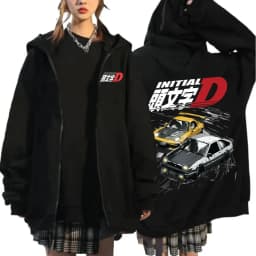 Anime Initial D Drift AE86 Zipper Hoodie Casual Vintage Zip Up Hooded Sweatshirts JDM Car Oversized Hoodies Cardigan Jacket Coat