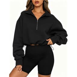 Women Half Zip Sweatshirt Cropped Pullover Oversized Long Sleeve Drawstring Hem Hoodie Y2K Athletic Sportswear