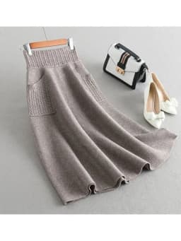 2023 Autumn Winter Warm Wool Knitting Long Skirts Women High Waist with Pocket Loose Female Solid Knit Mid-Calf Skirt ZY7421
