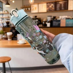 750ml Cute Cartoon Pattern Plastic Water Cup, Large Capacity, Portable, Leak-Proof, with Carrying Strap and Straw, for Travel