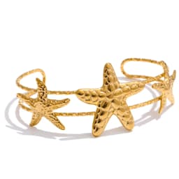 Yhpup Ocean Series Golden PVD Starfish Shell Sun Cuff Bracelet Open Wrist Jewelry Stainless Steel Bangle for Summer Holiday