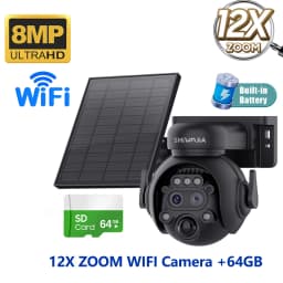 SHIWOJIA 12X Zoom 4G LTE Solar Security Camera 8MP Night Vision Dual-Lens Outdoor WiFi Solar Battery Camera PIR Human Detection