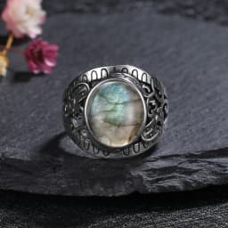 Silver Ring for Women Oval Round Natural Labradorite Ring Gift Sun Shaped Retro Luxury Fine Jewelry