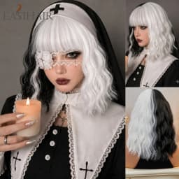 Easihair Black with Red Pink Highlight Long Straight Wig With Bangs Heat Resistant Synthetic Hair Gothic Halloween Cosplay Wigs